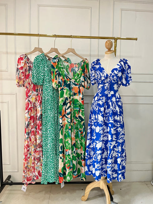 Summer V-Neck Puff Sleeves Back Tie Maxi Dress
